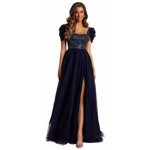 Women’s Formal Puff Sleeve Tulle & Sequin Maxi Square Neck High Split Prom Dress